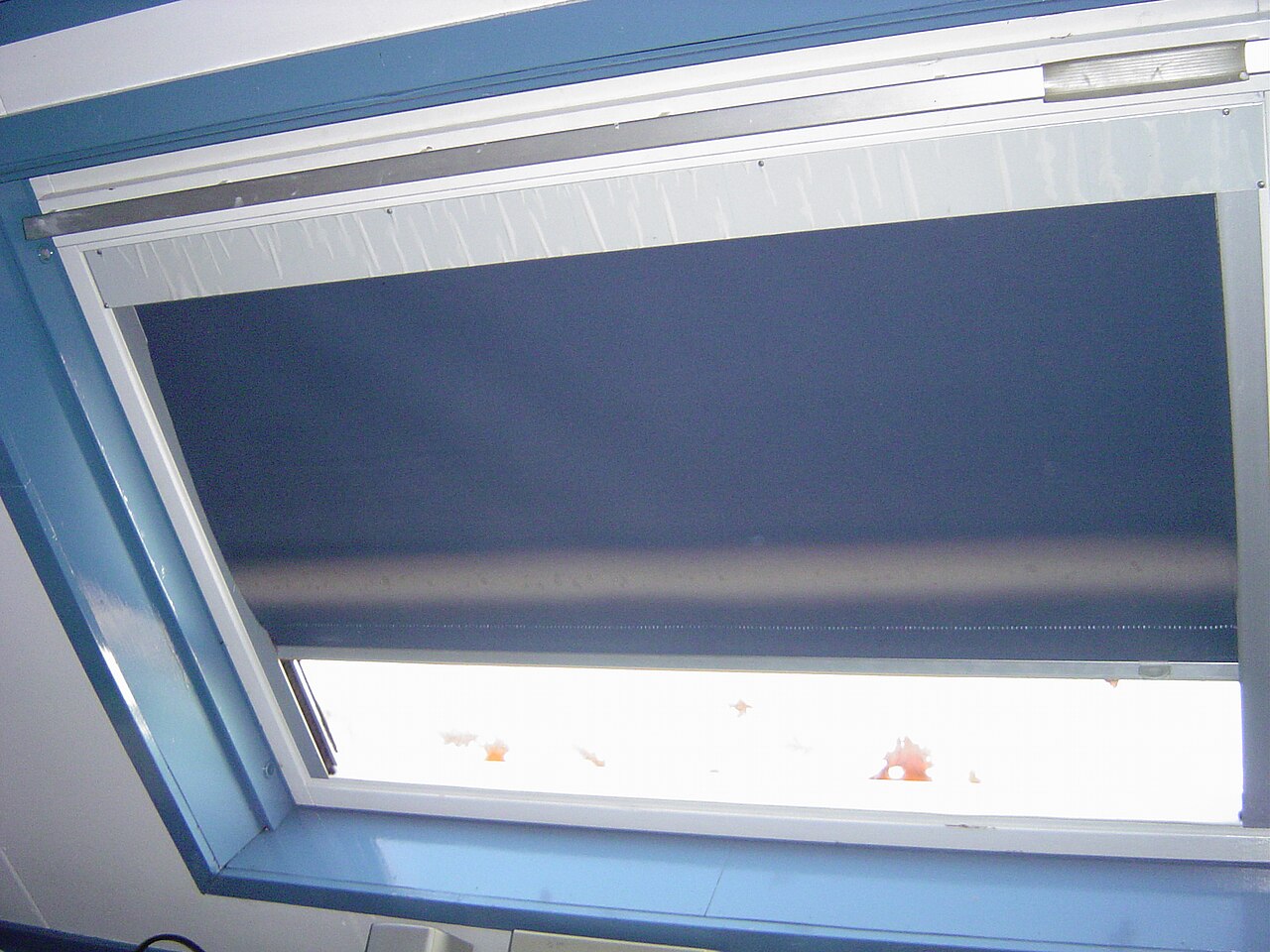 Window with a slatted blind lowered partway across the glass