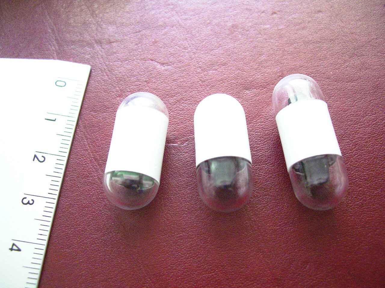 Three camera capsules used to image the oesophagus, small intestine and large intestine