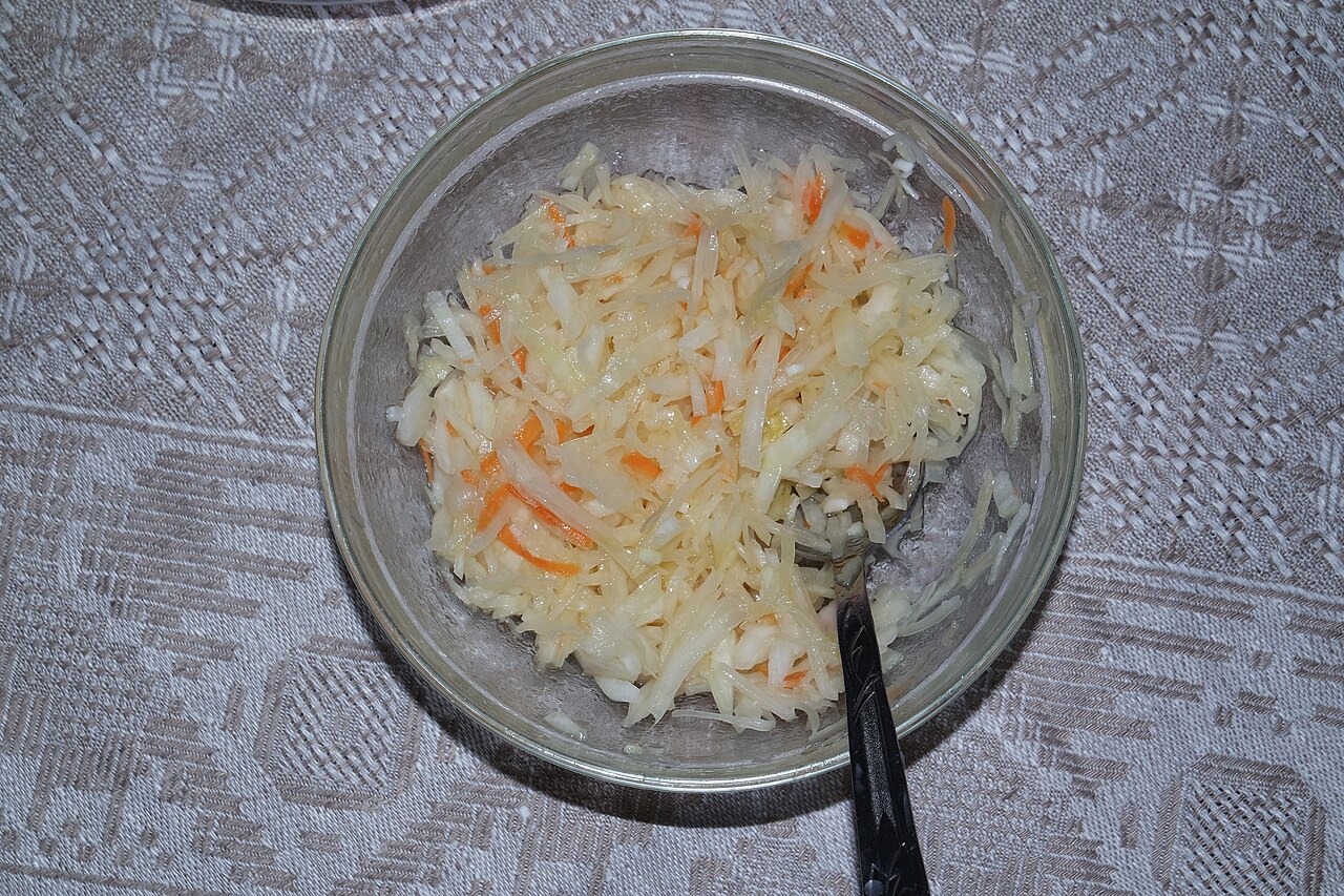 Shredded fermented white cabbage served in a dish
