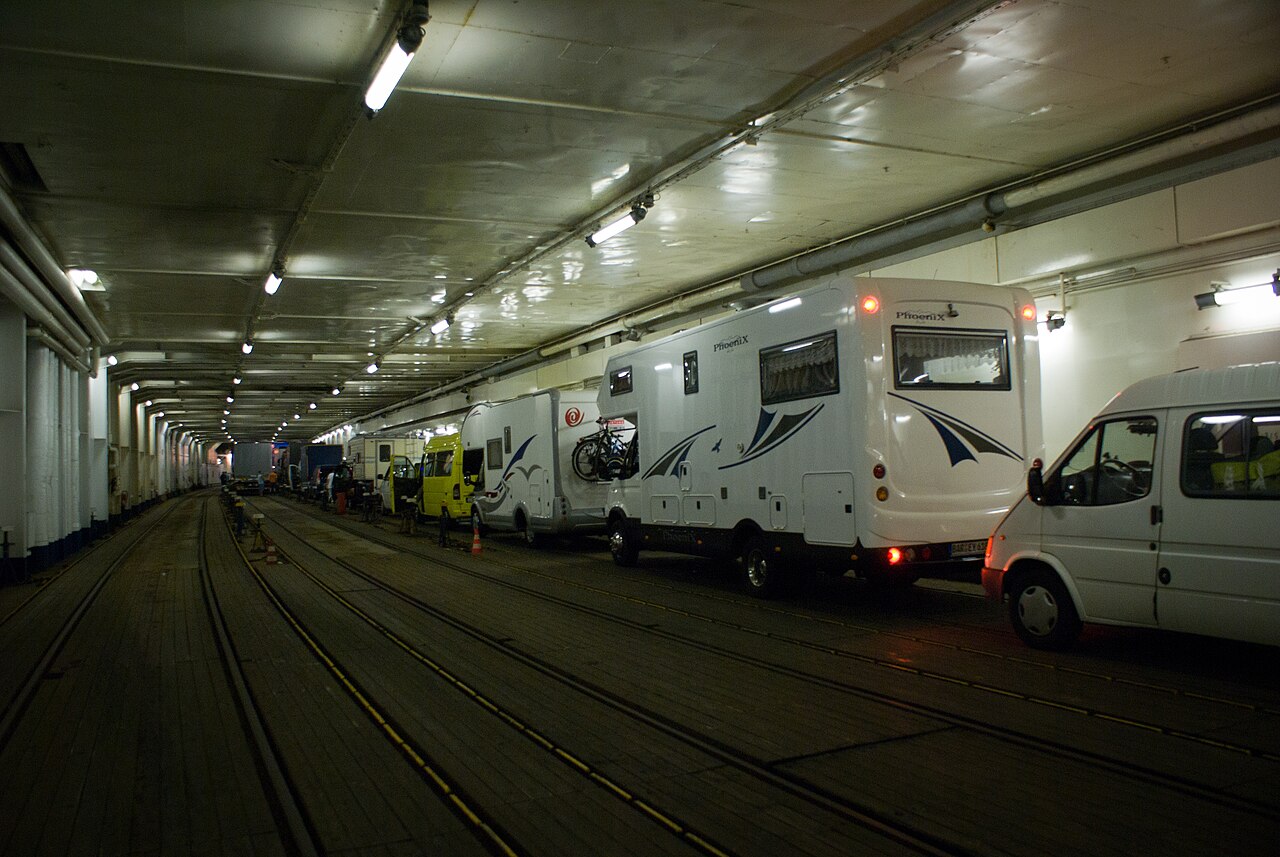 Vehicles secured on the enclosed car deck of a Baltic ferry