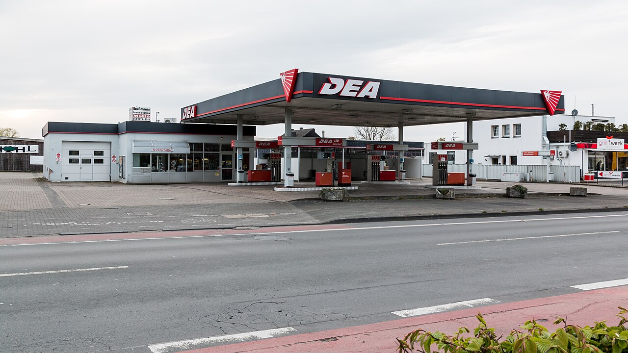 Fuel pumps and canopy of a filling station beside a road in North Rhine-Westphalia