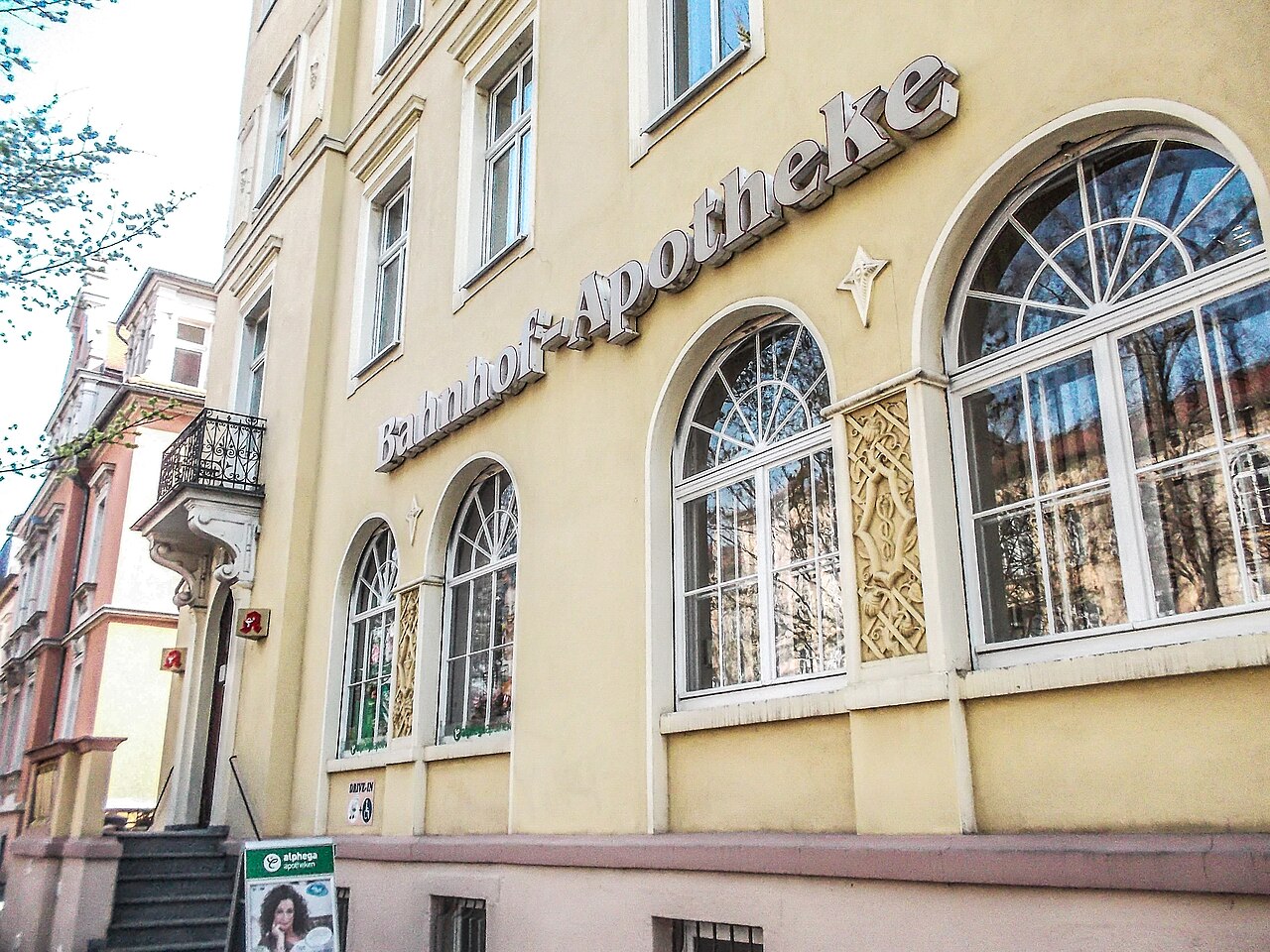 Street view of the station pharmacy building in Bautzen, Germany
