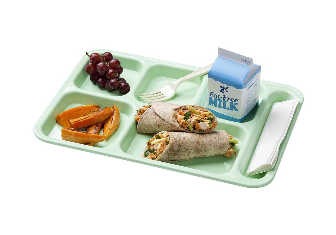 Compartmented school meal tray holding grains, protein, dairy, vegetables and fruit