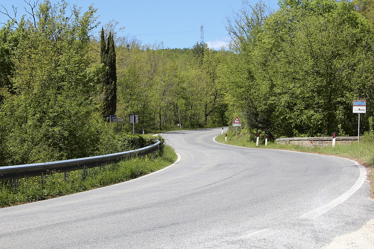 Italian state road running through wooded Tuscan hills near Siena