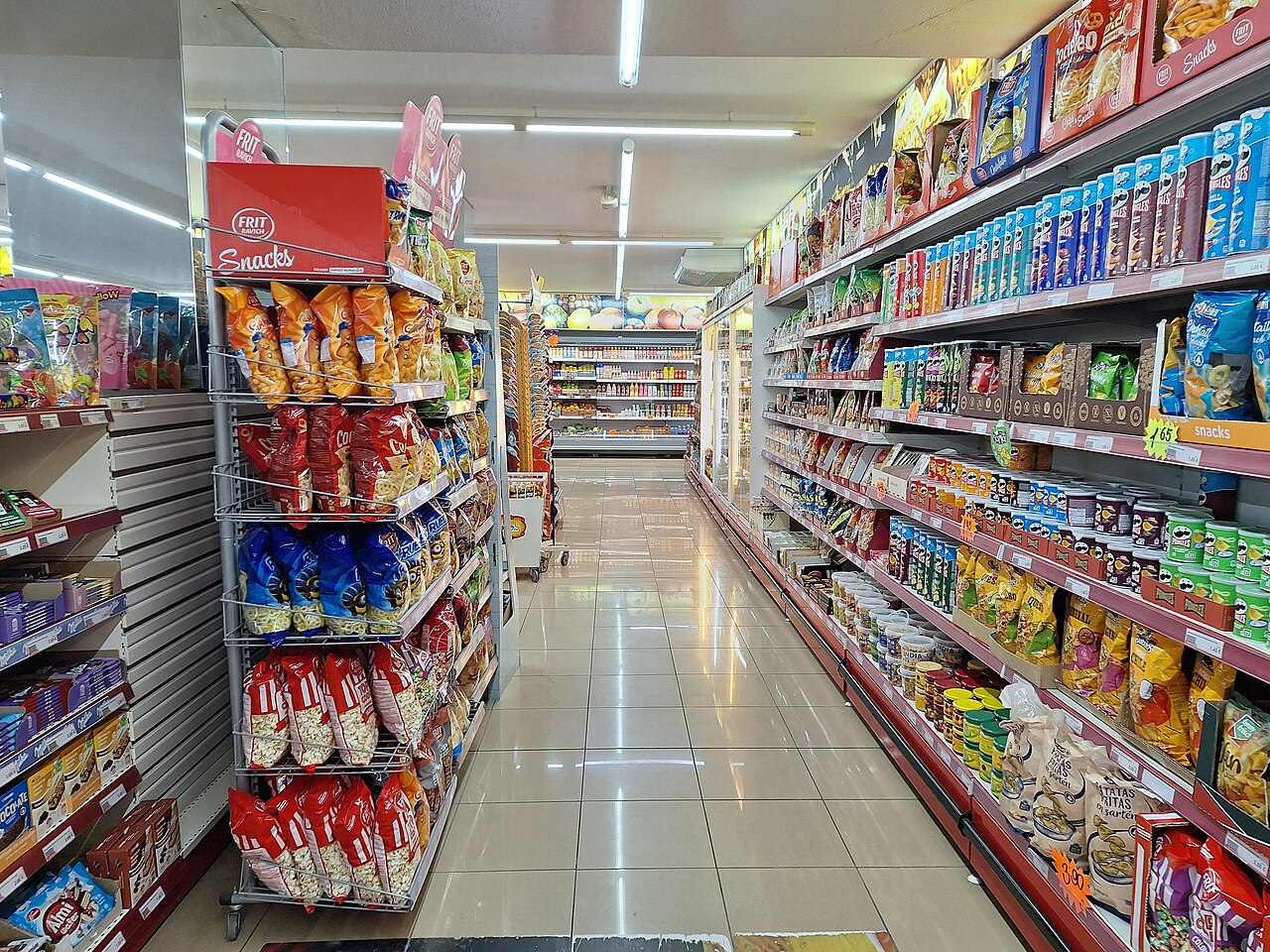 Aisle of packaged food between shelves in a SPAR supermarket in Mallorca