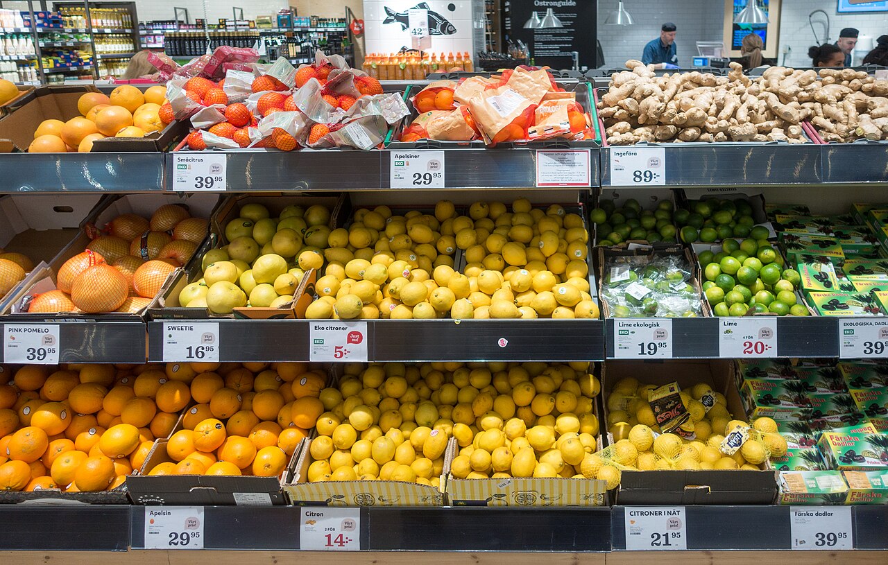 Chilled fruit and vegetable display in a Stockholm grocery store