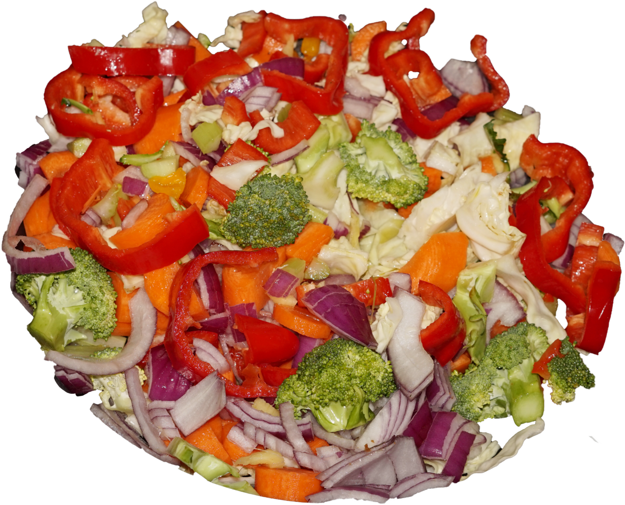 Bell pepper, broccoli, onion and carrot cut ready for stir-frying
