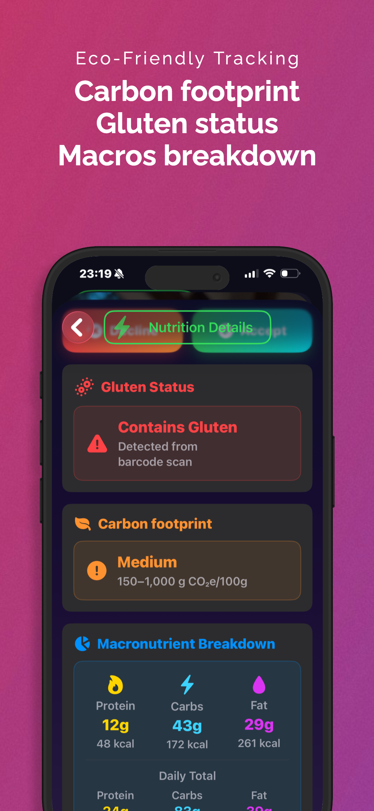 CO₂e, gluten & macros